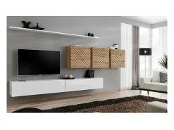 Conjunto de móveis de sala de estar design coleção SWITCH VII, cor branca e carvalho com acabamentos fresados.