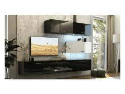 Conjunto de móveis de sala de estar preto e branco, suspensos, coleção CEPTO XXV. 249cm, 6 móveis, leds, modulares.