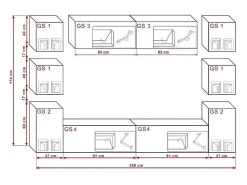 Conjunto de móveis de sala de estar branco e preto suspensos, coleção CEPTO XIV. 256cm, 10 móveis, leds. Cubo de cor preta.