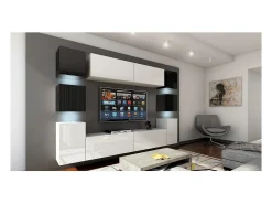 Conjunto de móveis de sala de estar branco e preto suspensos, coleção CEPTO XIV. 256cm, 10 móveis, leds. Cubo de cor preta.