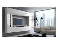 Conjunto de móveis de sala de estar brancos, suspensos, coleção CEPTO XXVIII. 249cm, 8 móveis, com LEDs, modulares.
