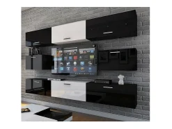 Conjunto de móveis de sala de estar preto e branco suspensos coleção CEPTO VII 249cm, 8 portas, modulares. Parte central na cor branca.