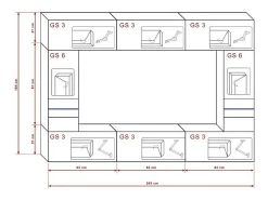 Conjunto de móveis de sala de estar na cor preta, suspensos, coleção CEPTO XXIX. 249cm, 8 móveis, com LEDs, modulares.