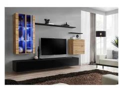 Conjunto de móveis de sala de estar mural SWITCH XII design, cor preto brilhante e carvalho Wotan.
