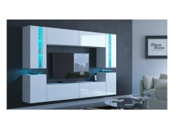 Conjunto de móveis de sala de estar brancos suspensos coleção CEPTO XXIV. 240cm, 8 móveis, leds, modulares.
