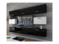 Conjunto de móveis de sala de estar preto e branco suspensos coleção CEPTO VII 249cm, 8 portas, modulares.