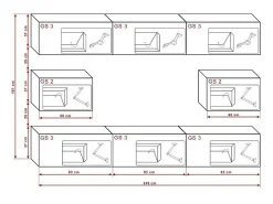 Conjunto de móveis de sala de estar preto e branco suspensos coleção CEPTO VII 249cm, 8 portas, modulares.