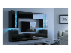 Conjunto de móveis de sala de estar pretos suspensos coleção CEPTO XXIV. 240cm, 8 móveis, leds, modulares.