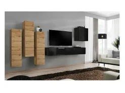 Conjunto de móveis de sala de estar da coleção design SWITCH III. Cores em carvalho wotan e preto brilhante.