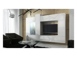 Conjunto de móveis de sala de estar brancos suspensos coleção CEPTO XXII. 273cm, 10 móveis, LEDs, modulares.