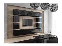 Conjunto de móveis de sala de estar pretos suspensos coleção CEPTO XVII 249cm, 10 móveis, leds, modulares.