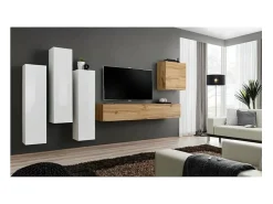 Conjunto de móveis de sala de estar design coleção SWITCH III. Cor branca brilhante e carvalho Wotan.