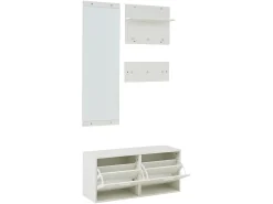 Conjunto de móveis para hall de entrada - Espelho, 6 ganchos e sapateira - Madeira PB - Branco