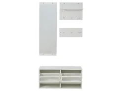 Conjunto de móveis para hall de entrada - Espelho, 6 ganchos e sapateira - Madeira PB - Branco