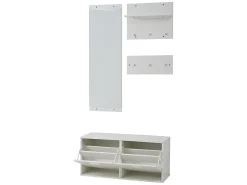 Conjunto de móveis para hall de entrada - Espelho, 6 ganchos e sapateira - Madeira PB - Branco