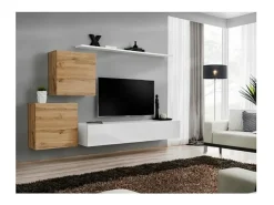 Conjunto de móveis para sala SWITCH V design, cor branco brilhante e carvalho Wotan.
