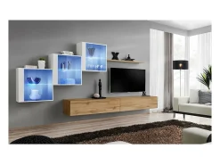 Conjunto de móveis para sala SWITCH XX design, cores carvalho Wotan e branco brilhante.