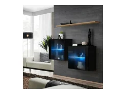 Conjunto de móveis para sala SWITCH SBIII, cor preto brilhante e porta de vidro com sistema LED integrado, prateleira de carvalho Wotan.