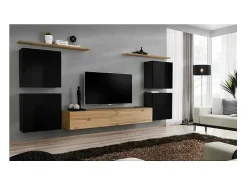 Conjunto de móveis para sala SWITCH IV design, cor carvalho Wotan e preto brilhante.