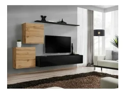 Conjunto de móveis para sala de estar SWITCH V design, cor preto brilhante e carvalho Wotan.