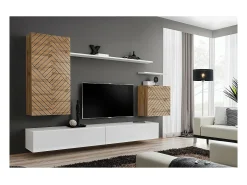 Conjunto de móveis para sala SWITCH II design, cores carvalho wotan e branco. Acabamentos com efeito de carvalho fresado.