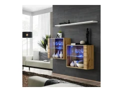 Conjunto de móveis para sala de estar SWITCH SBIII design, cor carvalho Wotan e porta com vidro com sistema LED integrado, prateleira branca.