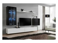 Conjunto de móveis para sala de estar mural SWITCH XII design, nas cores branco e preto brilhante.