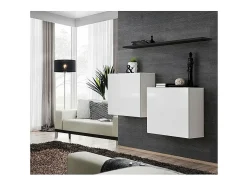 Conjunto de móveis para sala SWITCH SBI design, na cor branca brilhante com prateleira preta.