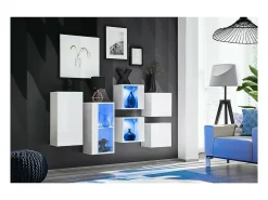 Conjunto de móveis para sala de estar SWITCH SBIV, design moderno, na cor branco brilhante. Sistema LED integrado.