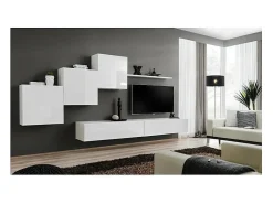 Conjunto de móveis para sala de estar SWITCH X, design mural, na cor branco brilhante.