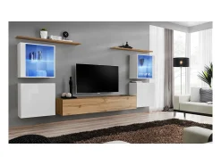 Conjunto de móveis para sala de estar mural SWITCH XIV design, cores carvalho Wotan e branco brilhante.