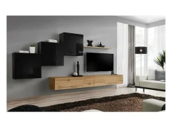 Conjunto de móveis para sala de estar mural SWITCH X design, nas cores carvalho Wotan e preto brilhante.