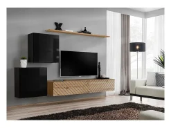 Conjunto de móveis para sala de estar SWITCH V, na cor preto e carvalho. Acabamentos em preto brilhante e carvalho fresado.