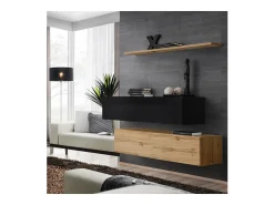Conjunto de móveis para sala de estar SWITCH SBII design, cor carvalho Wotan e preto brilhante.