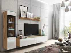 Conjunto de móveis para sala 3 elementos com LED – rack 180 cm, vitrine e prateleira, corpo carvalho Wotan, frentes branco brilho