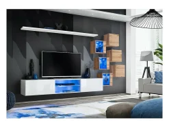 Conjunto de móveis para sala de estar SWITCH XXI design, nas cores branco e carvalho.