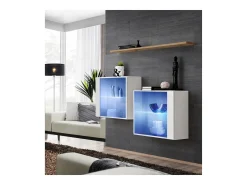 Conjunto de móveis para sala de estar SWITCH SBIII, na cor branco brilhante e porta de vidro com sistema LED integrado, prateleira em carvalho Wotan.