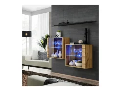 Conjunto de móveis para sala de estar SWITCH SBIII, cor carvalho Wotan e porta de vidro com sistema LED integrado, prateleira preta.