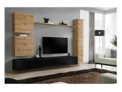 Conjunto de móveis para sala de estar SWITCH VIII. Móvel de TV de parede design, cor preto brilhante e carvalho Wotan.