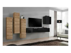 Conjunto de móveis para sala SWITCH III design, nas cores carvalho e preto. Acabamentos em efeito carvalho fresado e brilhante.