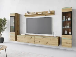 Conjunto de móveis para sala com LED 4 elementos – rack 180 cm, 2 vitrines e prateleira, composição de parede de pé ou suspensa carvalho Artisan