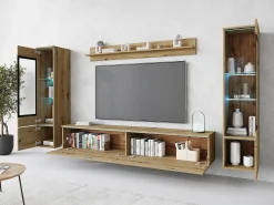 Conjunto de móveis para sala com LED 4 elementos – rack 180 cm, 2 vitrines e prateleira, composição de parede de pé ou suspensa carvalho Artisan