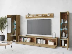 Conjunto de móveis para sala com LED 4 elementos – rack 180 cm, 2 vitrines e prateleira, composição de parede de pé ou suspensa carvalho Artisan