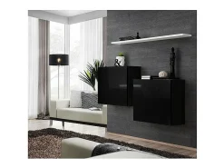 Conjunto de móveis para sala SWITCH SBI design, cor preto brilhante e prateleira branca.
