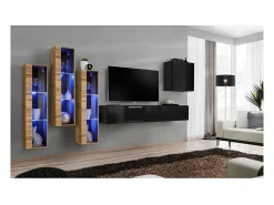 Conjunto de móveis para sala de estar SWITCH XIII, design mural, cores preto e carvalho Wotan.