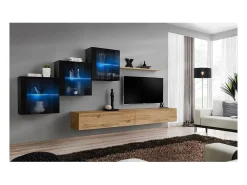 Conjunto de móveis para sala de estar SWITCH XX design, cores carvalho Wotan e preto brilhante.