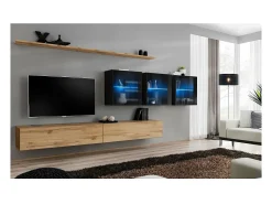 Conjunto de móveis para sala de estar SWITCH XVII, design mural, cor carvalho Wotan e preto brilhante.
