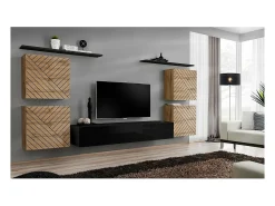 Conjunto de móveis para sala SWITCH IV. Cores carvalho wotan e preto. Acabamentos em carvalho fresado e preto brilhante.