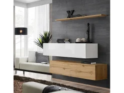 Conjunto de móveis para sala de estar SWITCH SBII design, nas cores carvalho Wotan e branco brilhante.
