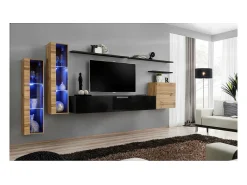 Conjunto de móveis para sala de estar SWITCH XI, design mural, cor preto brilhante e carvalho Wotan.